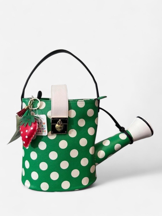 Betsey Johnson Handbags - Betsy Johnson Green Polka Dot Watering Can RARE Bag with Strawberry Charm